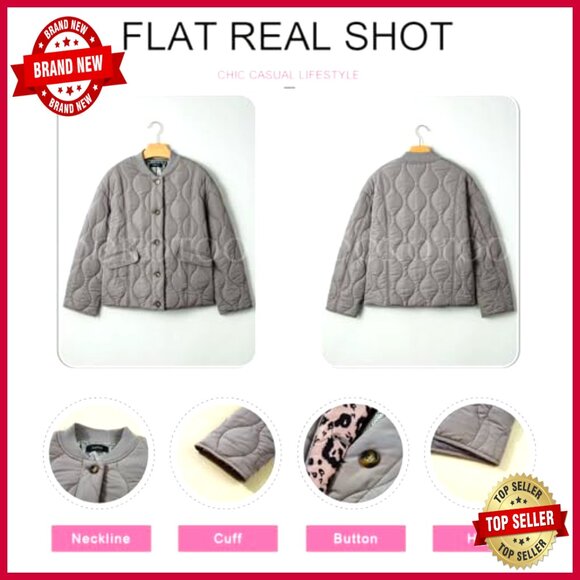 Quilted Puffer Jacket Button Down Leopard Print Casual Winter Coat Oversized - Picture 5 of 7